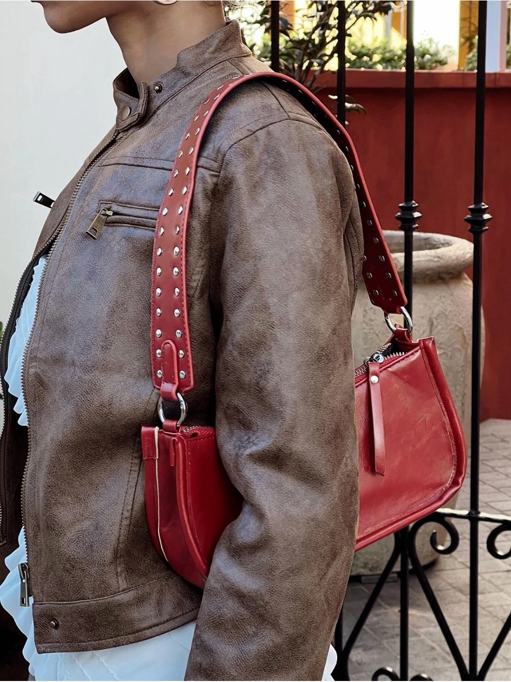 PRINCESS POLLY Red Marano Studded Shoulder Bag Purse Wide Strap Crossbody Strap